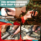 Carabiner Multitool 8-in-1 EDC Carabiners Pocket Knife, Serrated Knife, Rope Cutter, Screwdriver, Can Bottle Opener, Ruler, Survival Gear for Camping Climbing Hiking, Gifts for Men (Black)