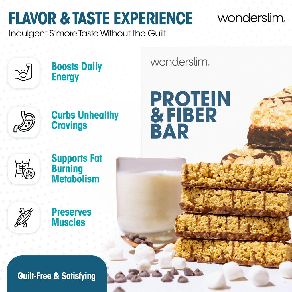Wonderslim High Fiber Protein Bars, Fluffy S'more Crisp | 15g Protein, 8g Fiber | Low Sugar, Low Carb | Healthy Indulgence | Satisfying, Supports Energy & On-the-Go Convenience, 7 Pack