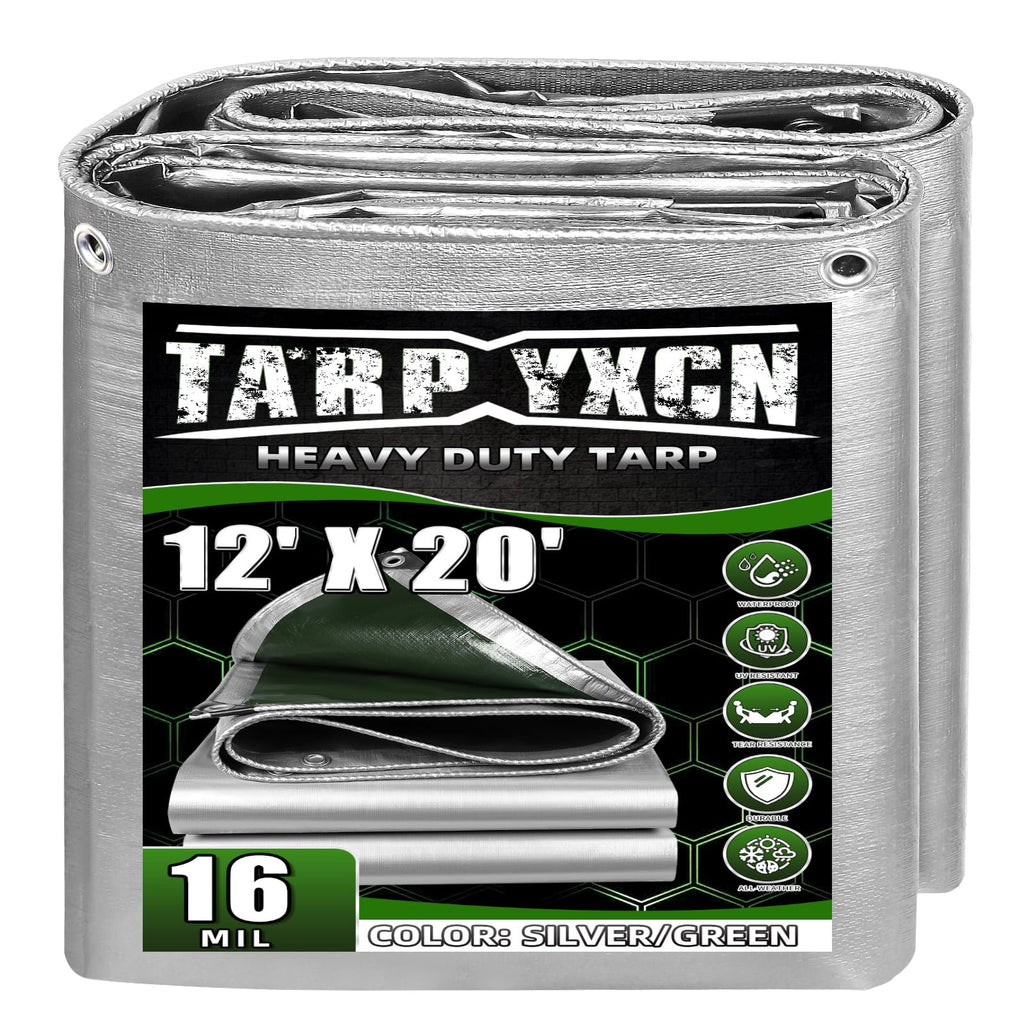 TA*RP YXCN Extra Heavy Duty Tarp 12x20 Ft, 16 Mil Thick Waterproof Poly Tarps Cover UV Resistant, Rip & Tear Proof with Metal Grommets Every 20 Inche (Silver/Green)