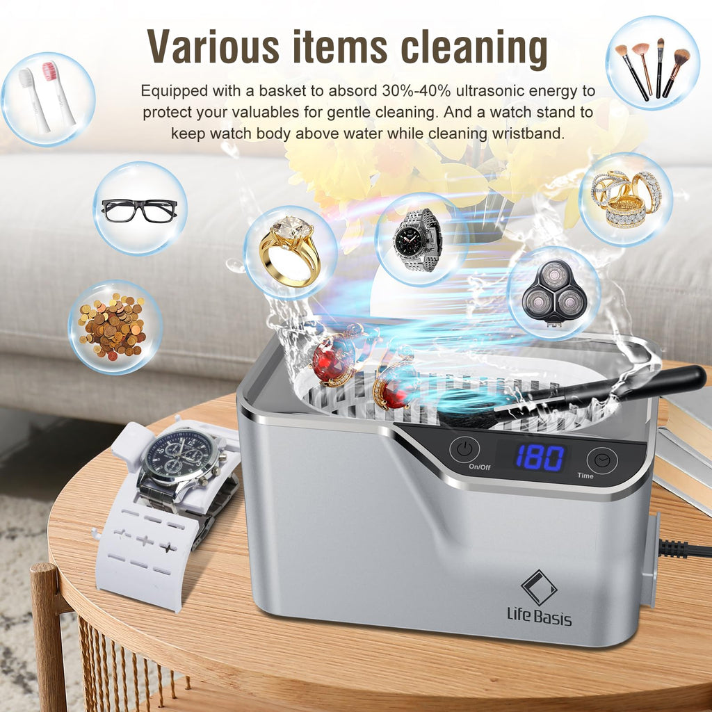 LifeBasis Ultrasonic Cleaner, Professional 45kHz Ultrasonic Jewelry Cleaner 20 Ounces (600ML) with Digital Timer, Watch Holder Ultrasonic Glasses Cleaner for Rings, Coins, Watches, Dentures, Silver