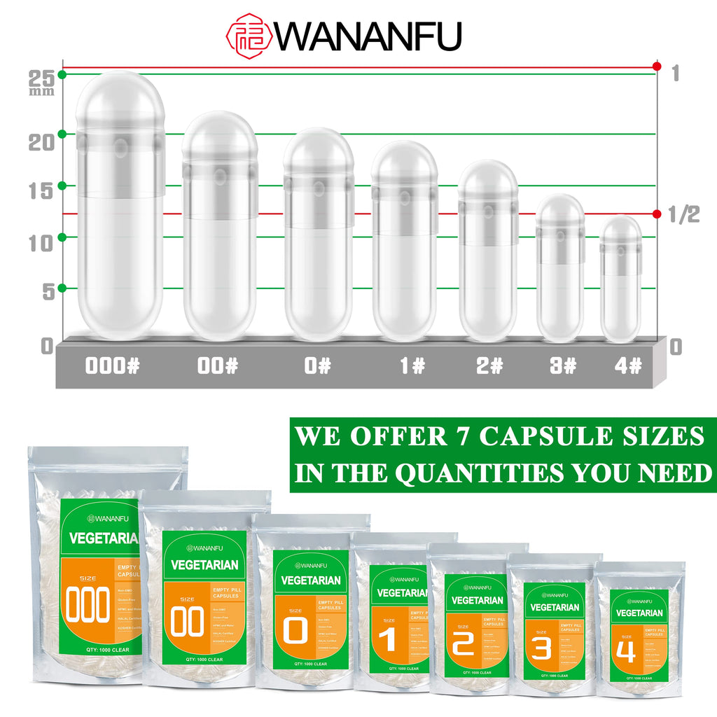 wananfu Size 1 Empty Capsules Vegetarian (1000 Count) Bundle with Micro Lab Spoon, Clear Fillable Veggie Pill Capsules Size 1 for Making Your Own Supplements