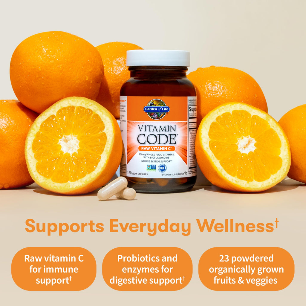 Garden of Life Vitamin Code Raw Vitamin C - 120 Capsules, 500mg Whole Food Vitamin C Capsules + Fruit & Veggie Blend & Probiotics, Supplements for Adults, Vegan, Gluten Free