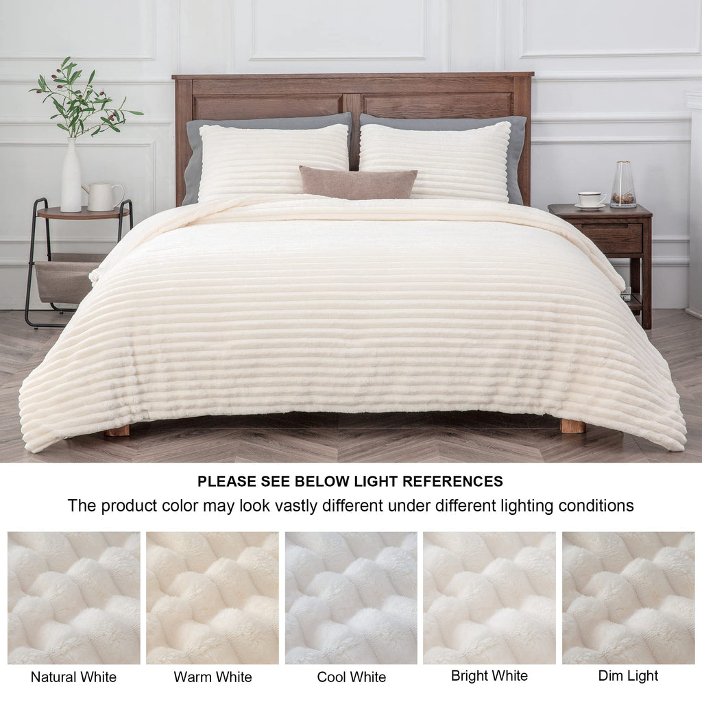 BEDELITE Fleece Queen Comforter Set, Fluffy Bed Set, Cream White