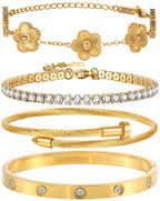 GIVCHO 18K Gold Plated Nail Love Bangle Bracelet Set for Women Stackable Floral Clover Adjustable Tennis Bracelet Non Tarnish Gift Jewelry for Christmas Valentines Birthday Mother's Day (Gold)
