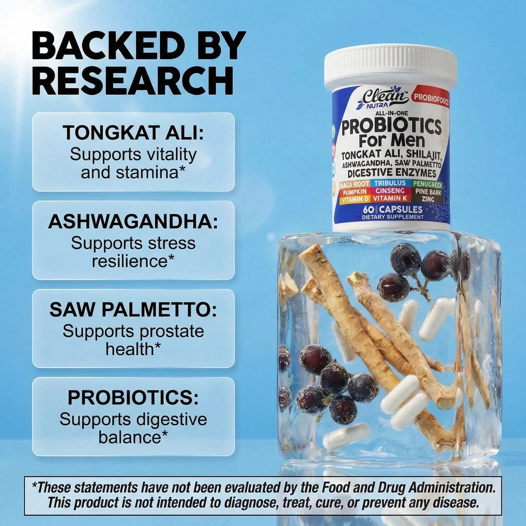 Clean Nutra Probiotics for Men | Tongkat Ali, Saw Palmetto, Tribulus, Ginseng, Ashwagandha, Maca, Pumpkin, Gingko Biloba, Pine Bark, Fenugreek, Shilajit, Zinc - Mens Probiotic 60 Capsules