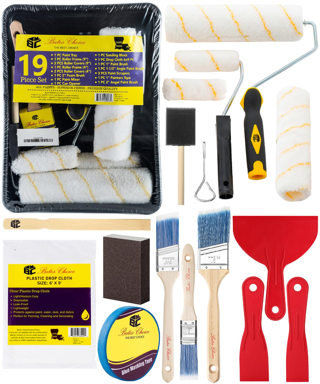 Bates- Paint Roller Kit, 19 pcs, Roller Set with Microfiber Sleeves & Frame