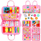 Qizfun Busy Board Montessori Toy for 1 2 3 4 Years Old, Educational Activity Sensory Board Preschool Learning Fine Motor Skills Toys, Toddler Travel Toy for Plane Car, Gift for Boys Girls (Pink/P4)