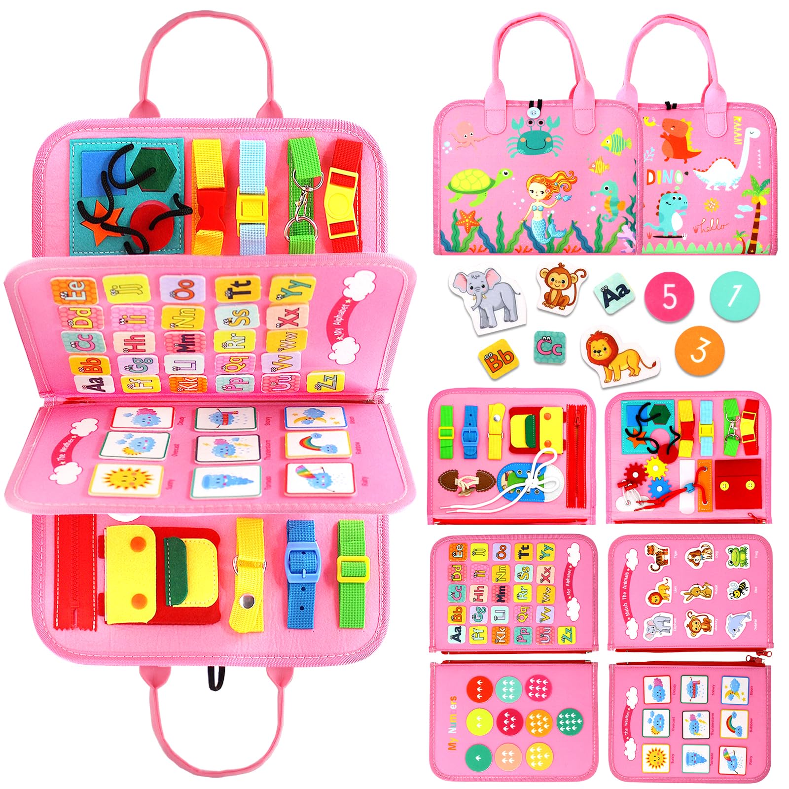 Qizfun Busy Board Montessori Toy for 1 2 3 4 Years Old, Educational Activity Sensory Board Preschool Learning Fine Motor Skills Toys, Toddler Travel Toy for Plane Car, Gift for Boys Girls (Pink/P4)