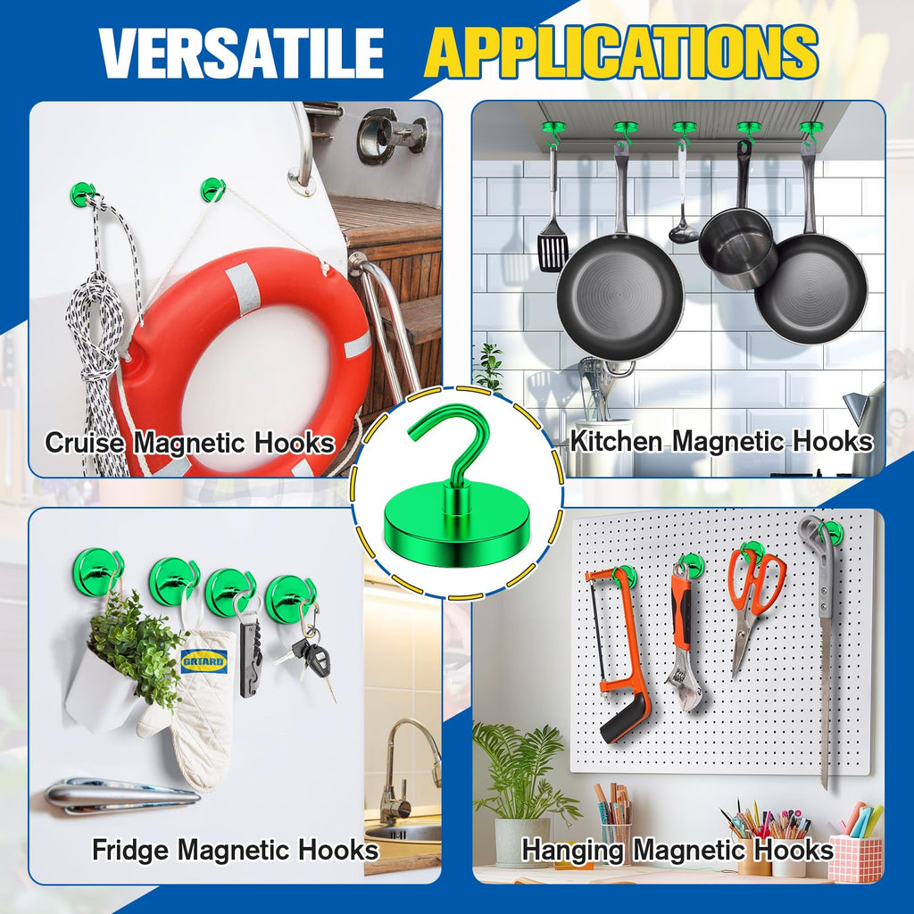 Grtard 2 Pack Magnetic Hooks Heavy Duty, 120LBS Neodymium Magnet Hooks for Cruise Cabin, Strong Magnetic Hooks for Hanging, Magnets with Hooks for Home, Kitchen, Workplace, Bathroom(Green)