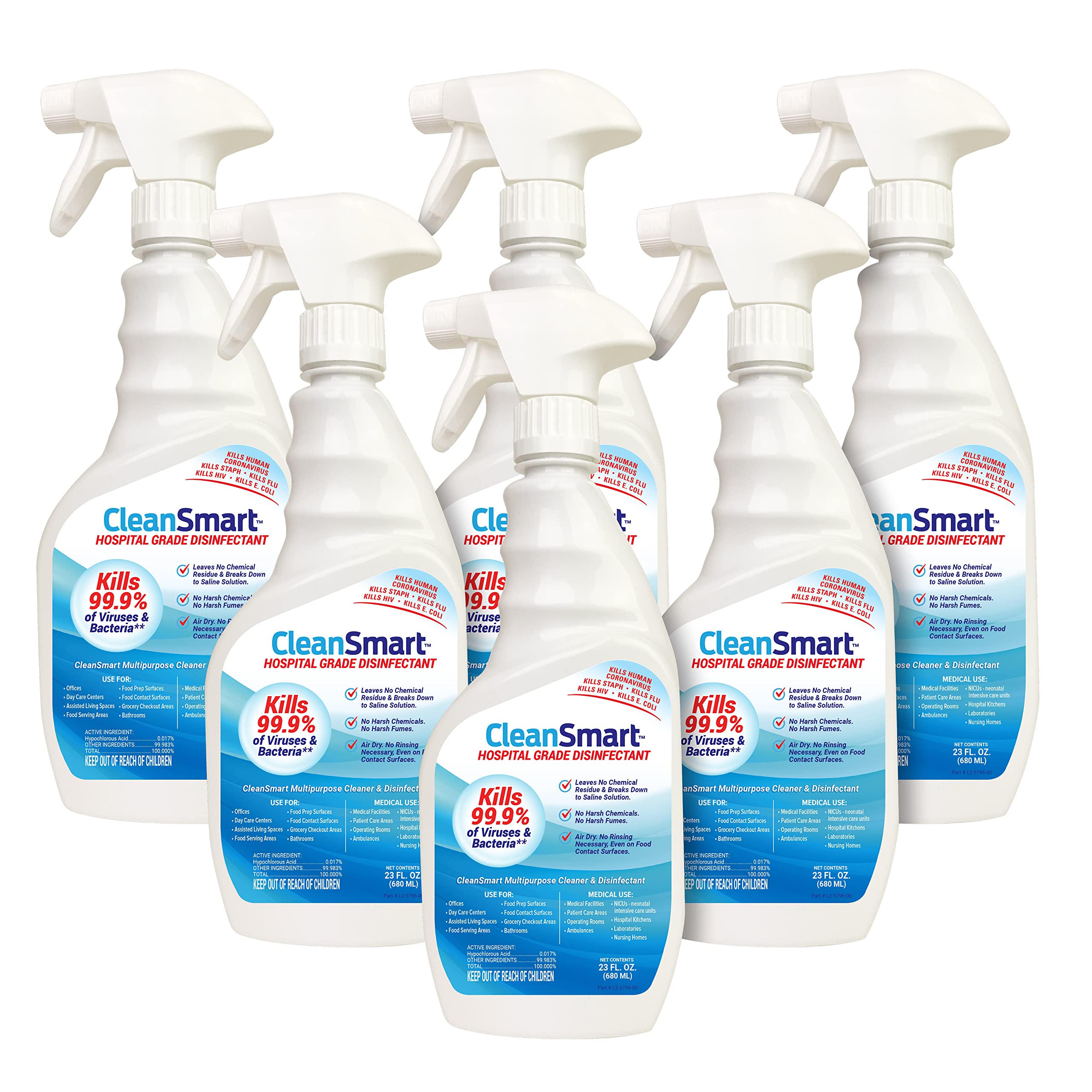 CleanSmart Hospital Disinfectant, Kills 99.9% of Viruses and Bacteria, Hypochlorous Acid Technology, EPA Registered, 23 oz, (Pack of 6) (HOCL)