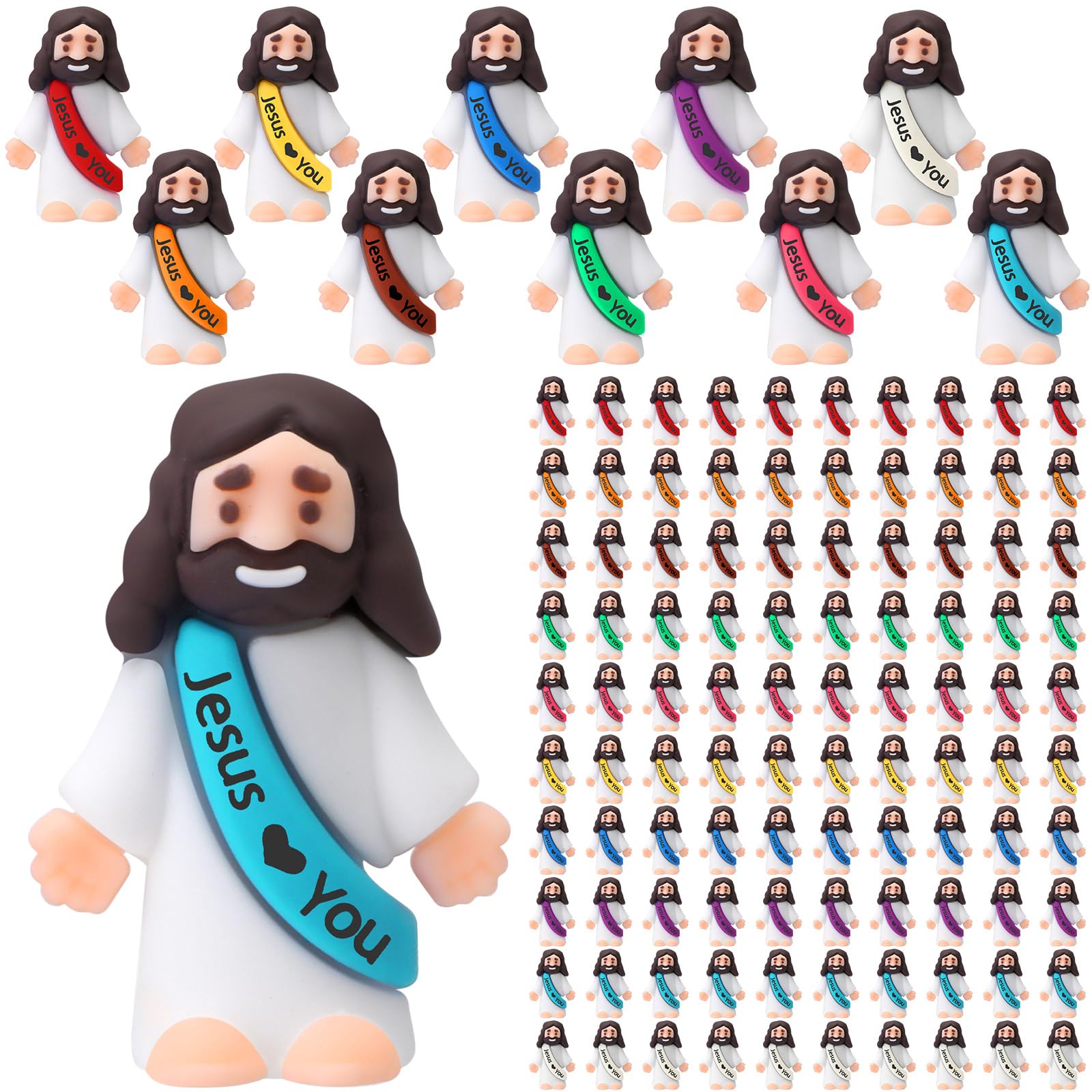 Bememo 100 Pcs Little Jesus Figures Jesus Loves You Original Design Rubber Pocket Toys Little Figures to Hide and Seek Sunday School Religious Party Share Gifts(Vibrant Color)