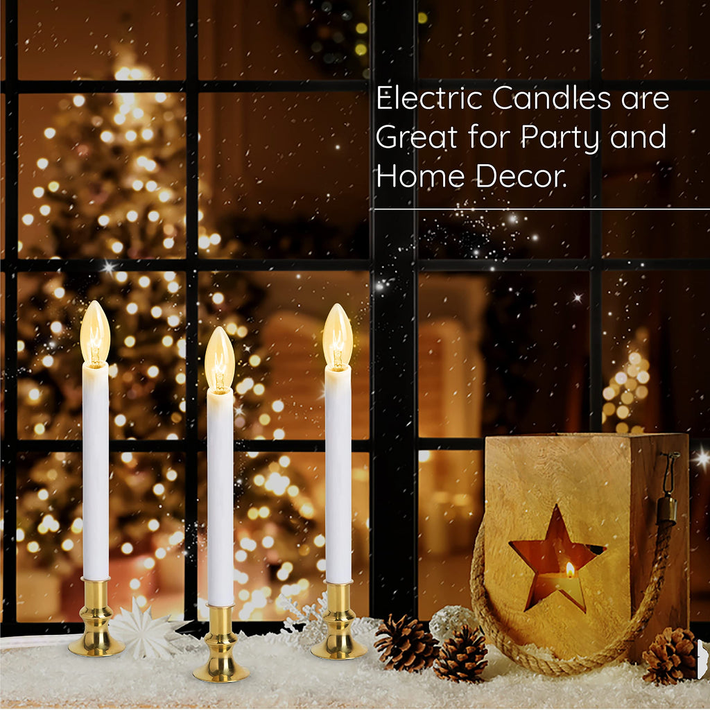 TUDAK Electric Christmas Window Candle Lamp - 6-Pack | Brass-Plated Base with LED Bulbs | Dusk-to-Dawn Auto Sensor | Turns On in Dark, Off in Light | Ready to Use!