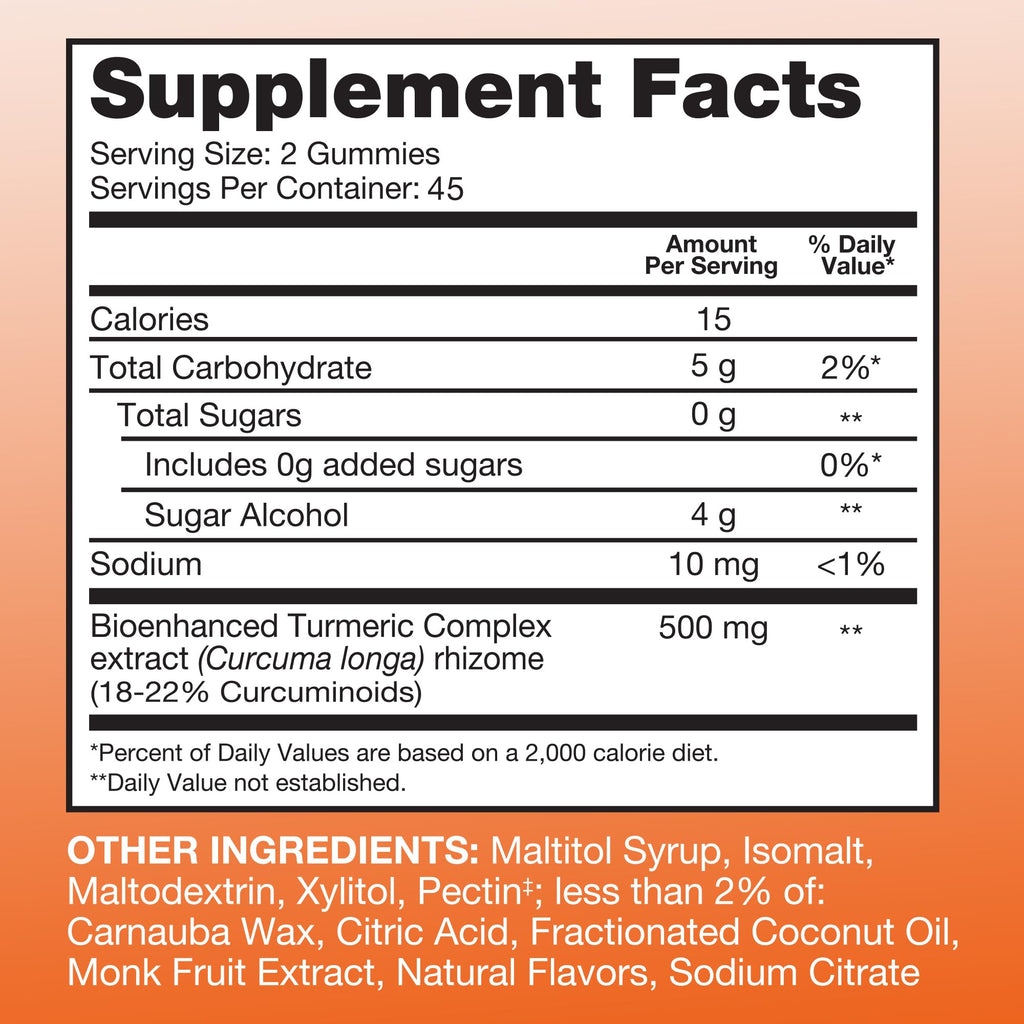 Qunol Zero Sugar Turmeric Gummies, Gummy with 500mg Turmeric Curcumin, Joint Support Supplement, Ultra High Absorption Turmeric Curcumin, Vegetarian, Gluten Free, 90 Count