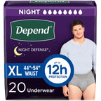 Depend Night Defense Adult Diapers, Incontinence Underwear for Men, Disposable, Overnight, Extra-Large, Grey, 20 Count, Packaging May Vary