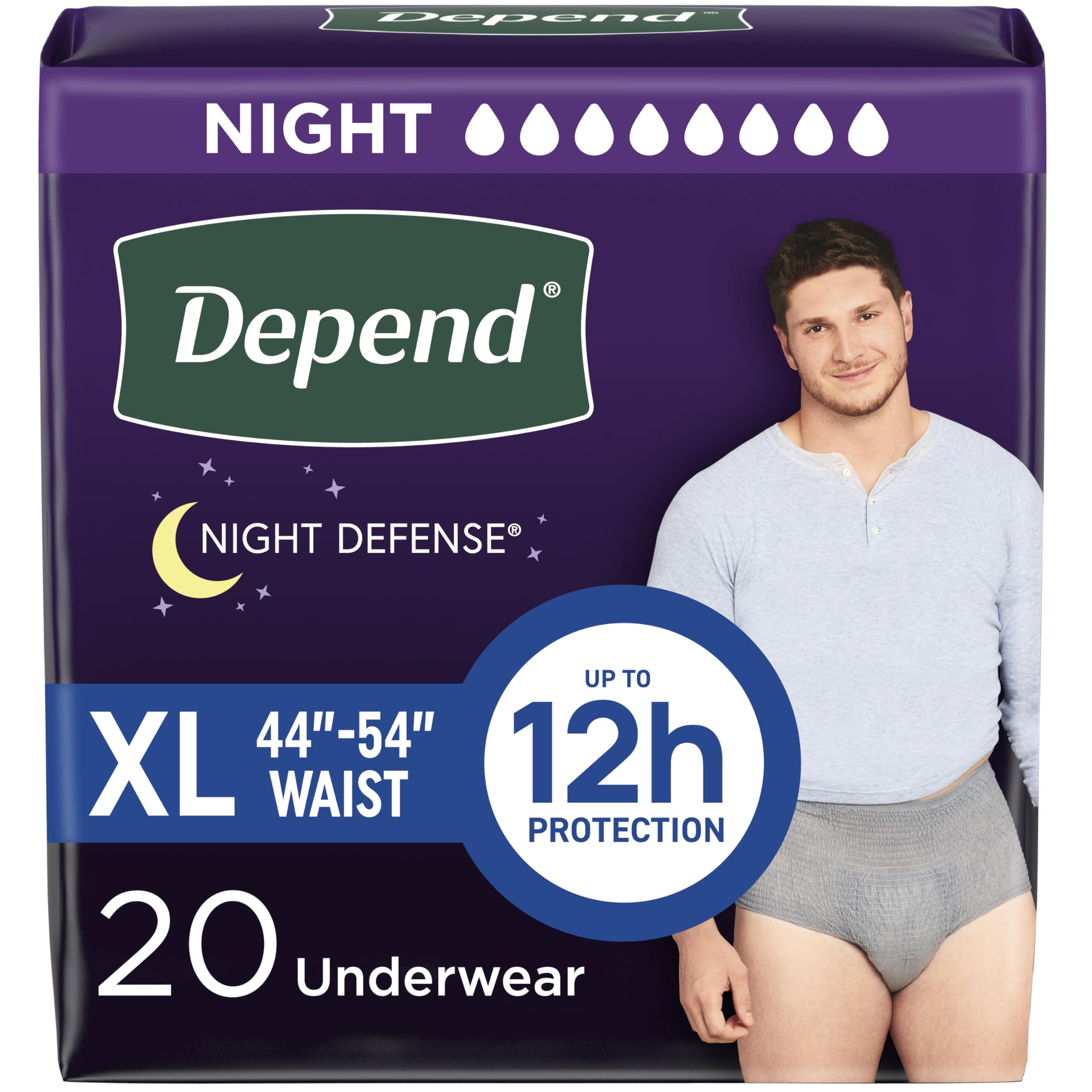 Depend Night Defense Adult Diapers, Incontinence Underwear for Men, Disposable, Overnight, Extra-Large, Grey, 20 Count, Packaging May Vary