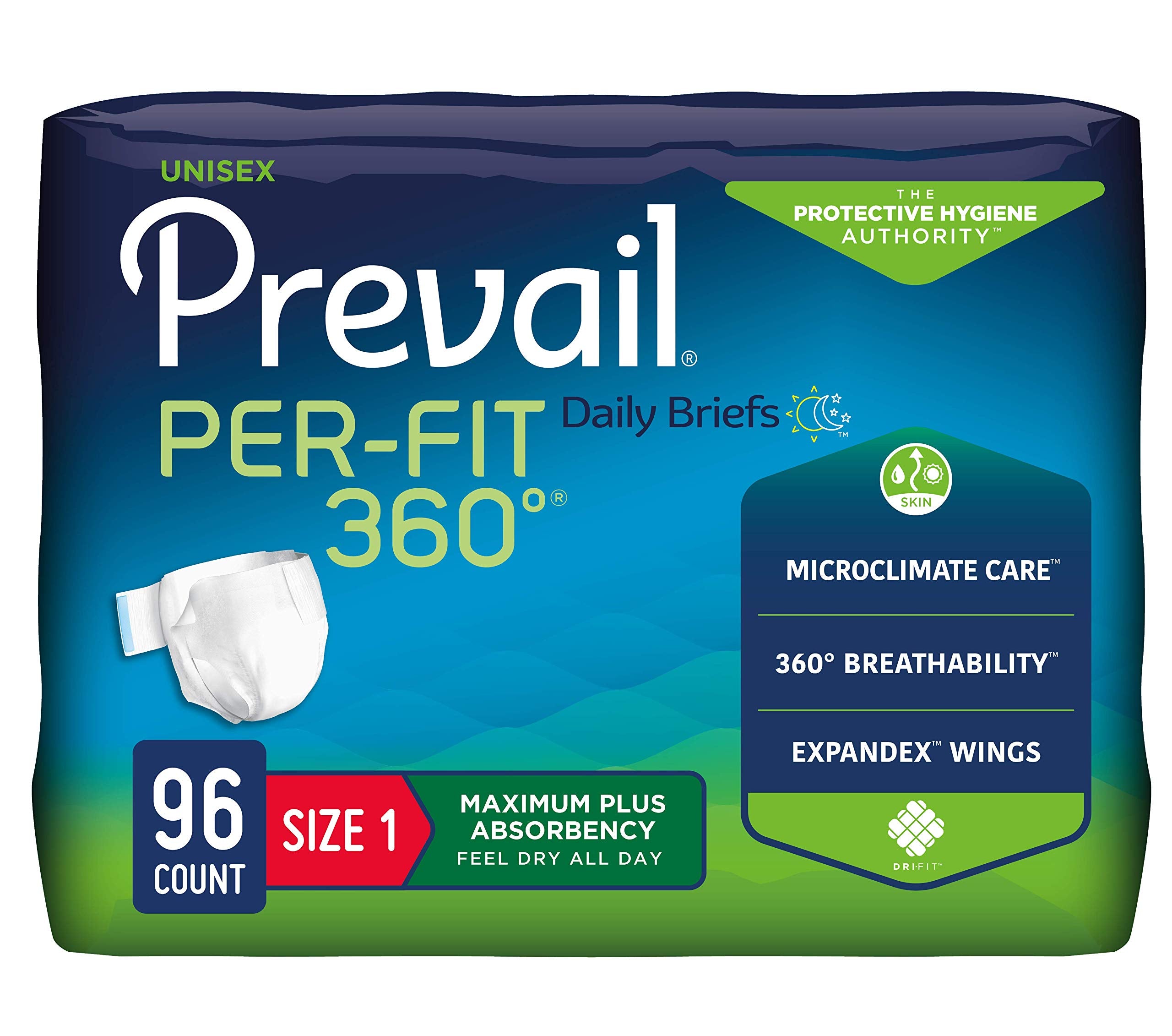 Prevail Per-Fit 360 Daily Incontinence Briefs, Unisex Adult Incontinence Briefs with Tabs, Maximum Plus Absorbency, Size 1, 80 Count (4 Packs of 20)