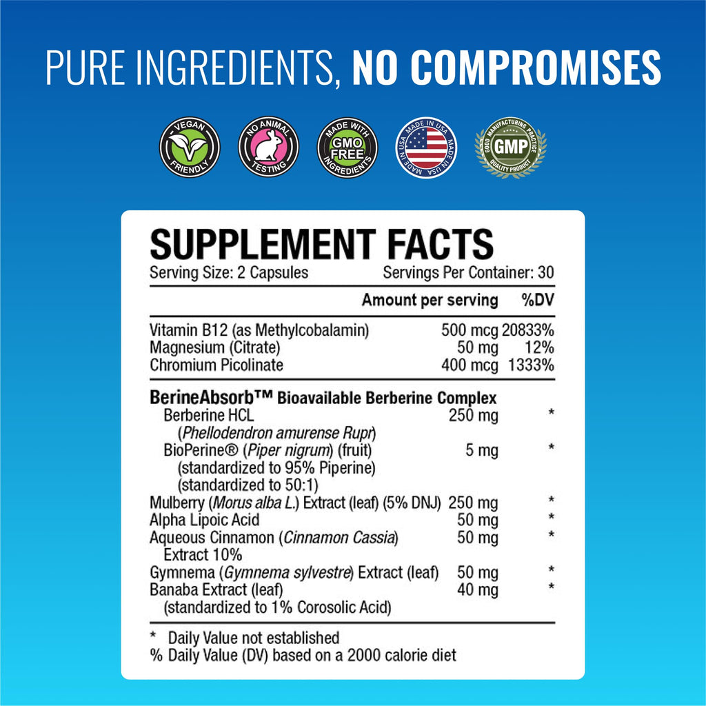 Approved Science Glucoprin - 250 mg Berberine, Mulberry, Cinnamon, BioPerine, Non GMO- Made in the US - 60 Vegan Capsules - Pack of 1
