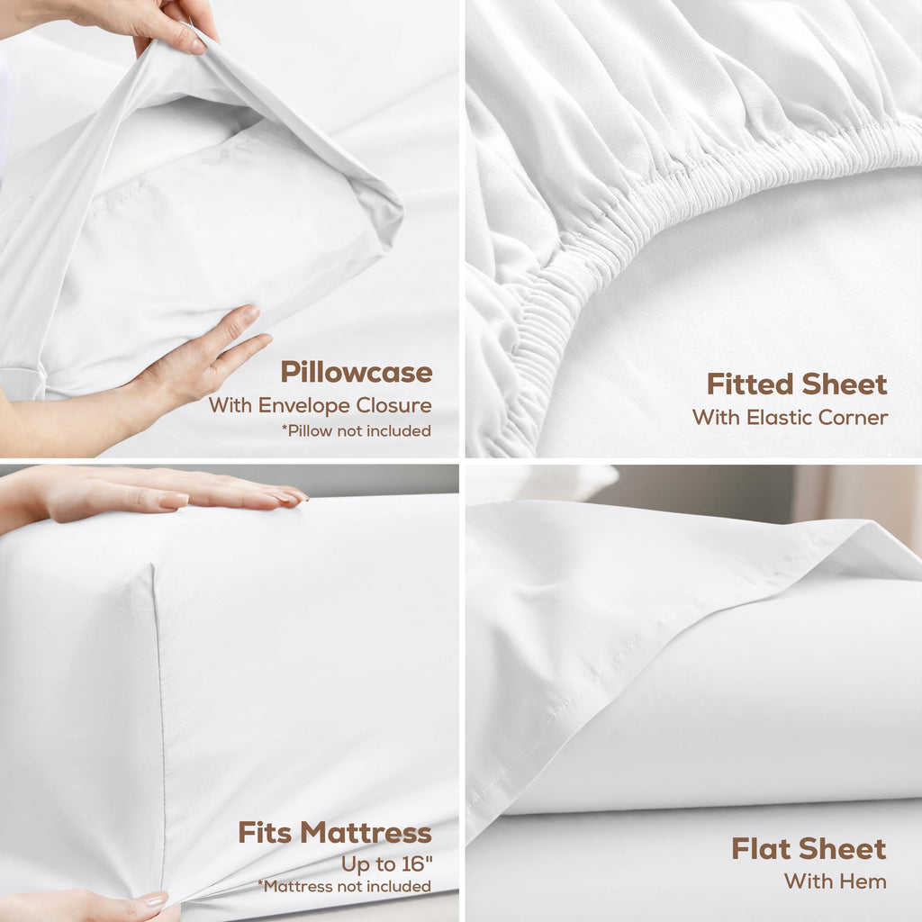 Queen Sheets Set, 4 Pieces 16" Deep Pocket Hotel Luxury Bed Sheets, White