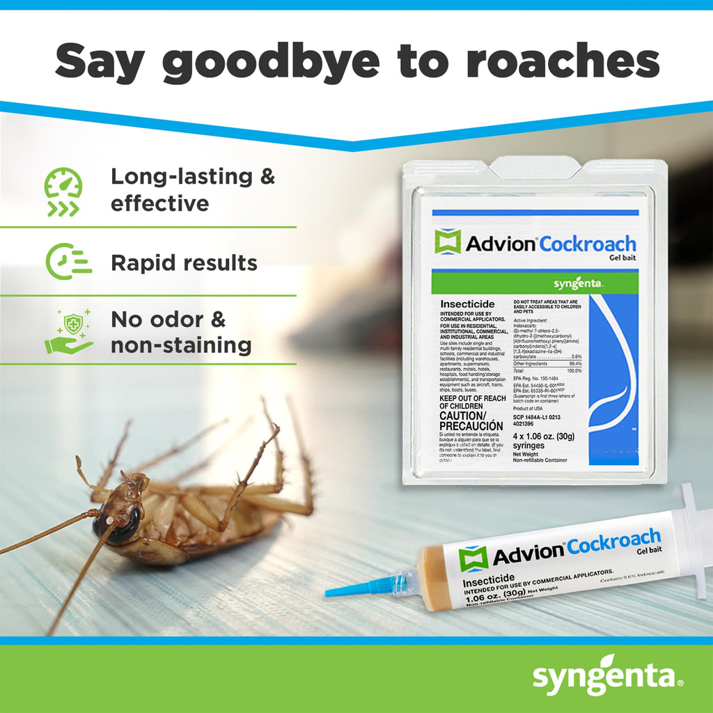 Advion Cockroach Gel Bait, 4 Tubes x 30-Grams, 1 Plunger and 2 Tips, Indoor and Outdoor Use, Roach Killer Gel for American, German and Other Major Cockroach Species (2 Pack)