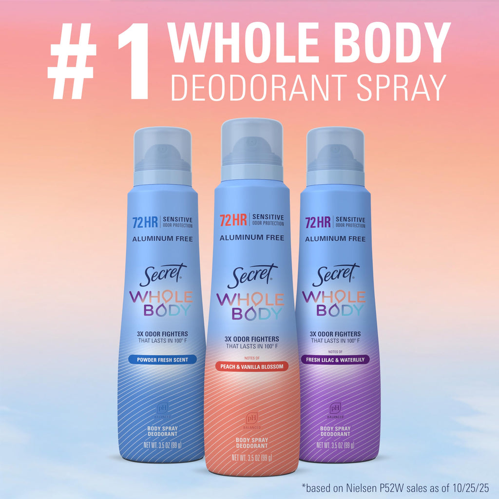 Secret Aluminum Free Whole Body Deodorant Spray for Women, 72hr Sensitive Freshness & Odor Defense, PH Balanced, Invisible Protection, Safe to Use Everywhere, Fresh Lilac & Waterlily Scent, 3.5 oz