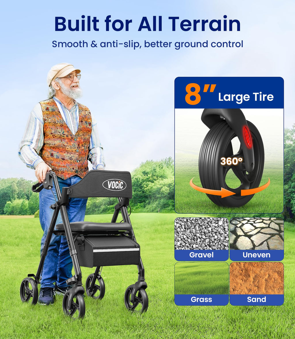 VOCIC Walkers for Seniors, Z21 Rollator Walker with Seat Supports 350lb, 8" Big Wheels for All Terrain, Ergonomic Arc Seat & 6" Ultra Backrest Foldable Walker, Dual Height Adjustment, Lightweight 2025