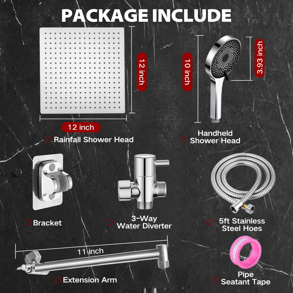 Shower Head,12”Rain Shower Head with Handheld Spray Combo and Adjustable Extension Arm/Shower System,High Pressure Rain Fall Hose,Chrome