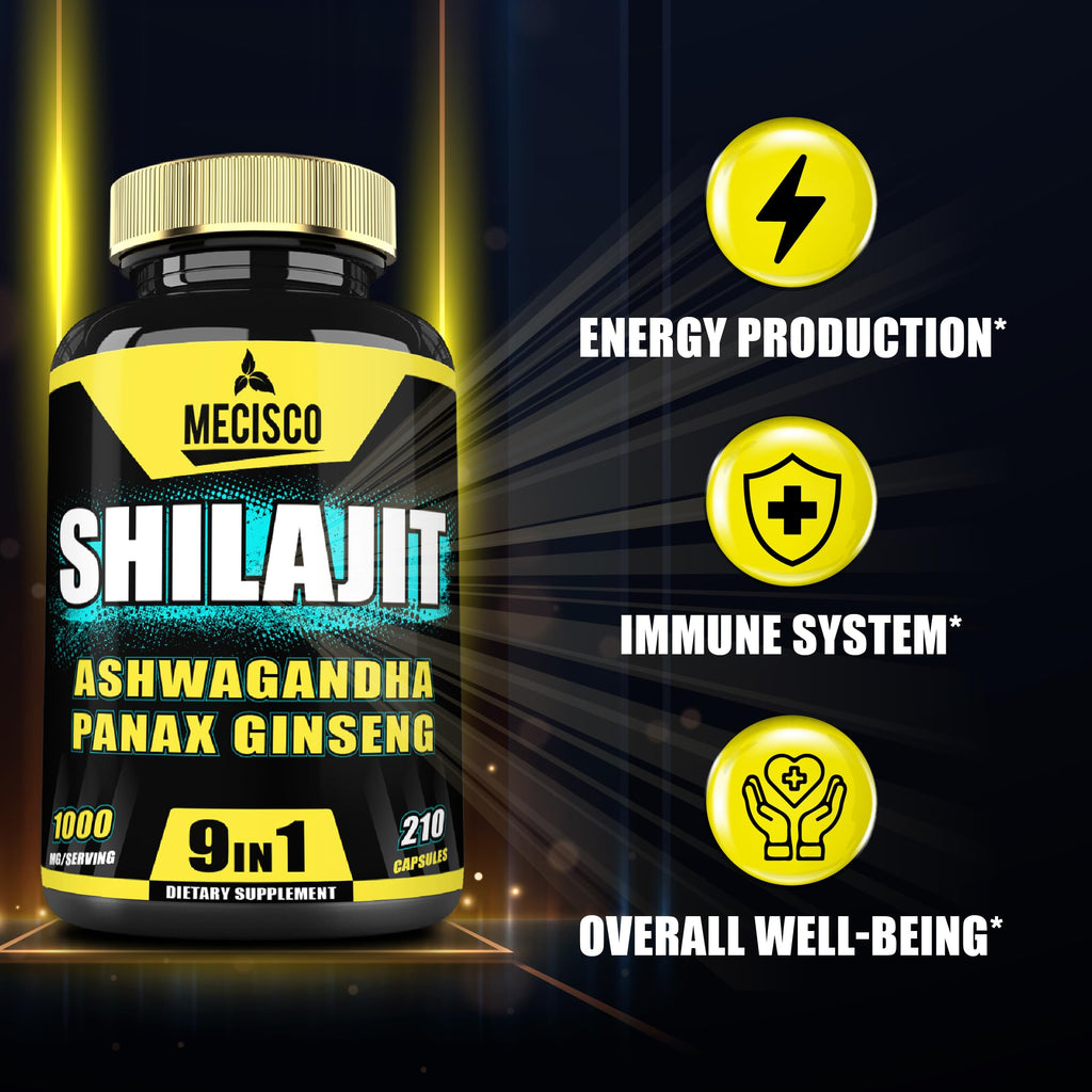 9in1 Shilajit Pure Himalayan Organic with Ashwagandha Root, Panax Ginseng, L-Arginine, Chaga & More - 210 Capsules - Shilajit Supplement for Immunity, Energy Production, Stamina & Comfortable Mood