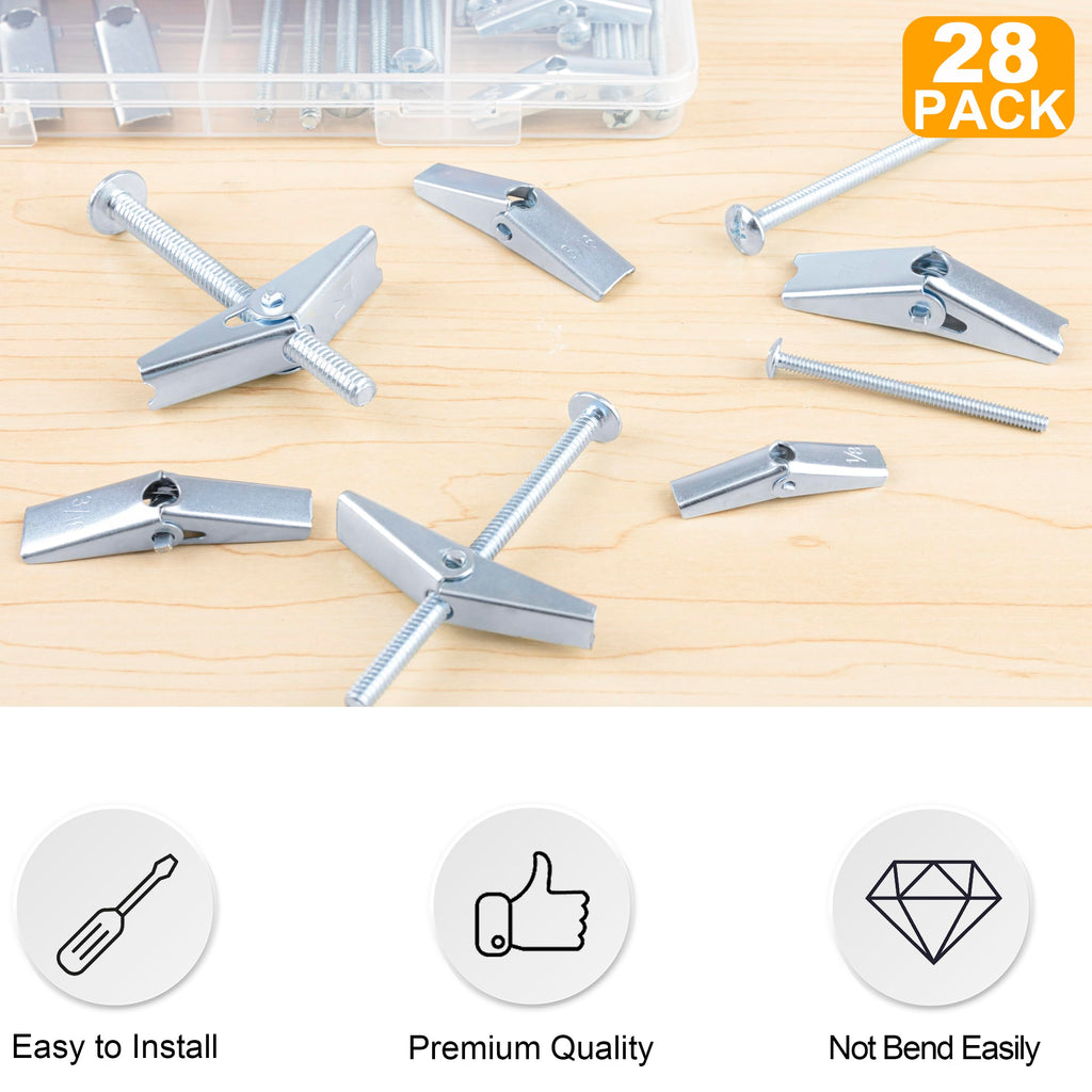 KURUI Heavy Duty Hollow Drywall Anchors for Sheetrock Ceiling, Toggle Bolts and Wing Nut Kit, 28Pcs Metal Dry Wall Anchors and Screws Assortment Set, Butterfly Anchor for Hanging 1/8, 3/16, 1/4