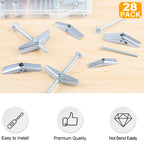 KURUI Heavy Duty Hollow Drywall Anchors for Sheetrock Ceiling, Toggle Bolts and Wing Nut Kit, 28Pcs Metal Dry Wall Anchors and Screws Assortment Set, Butterfly Anchor for Hanging 1/8, 3/16, 1/4