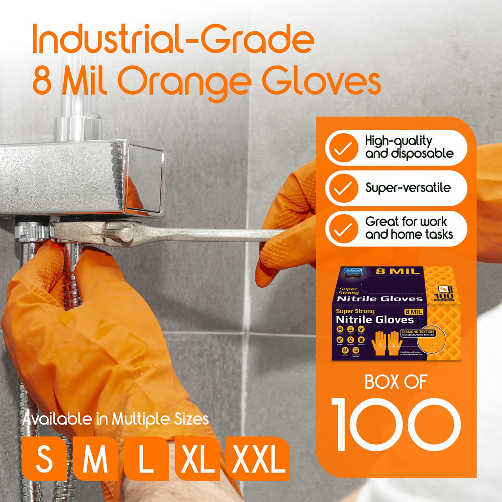 Inspire Heavy Duty Orange Nitrile Gloves Disposable Latex Free | ULTRA 8 Mil Diamond Textured Grip Disposable Cleaning Gloves | Industrial Mechanic Food Large, 100 Count