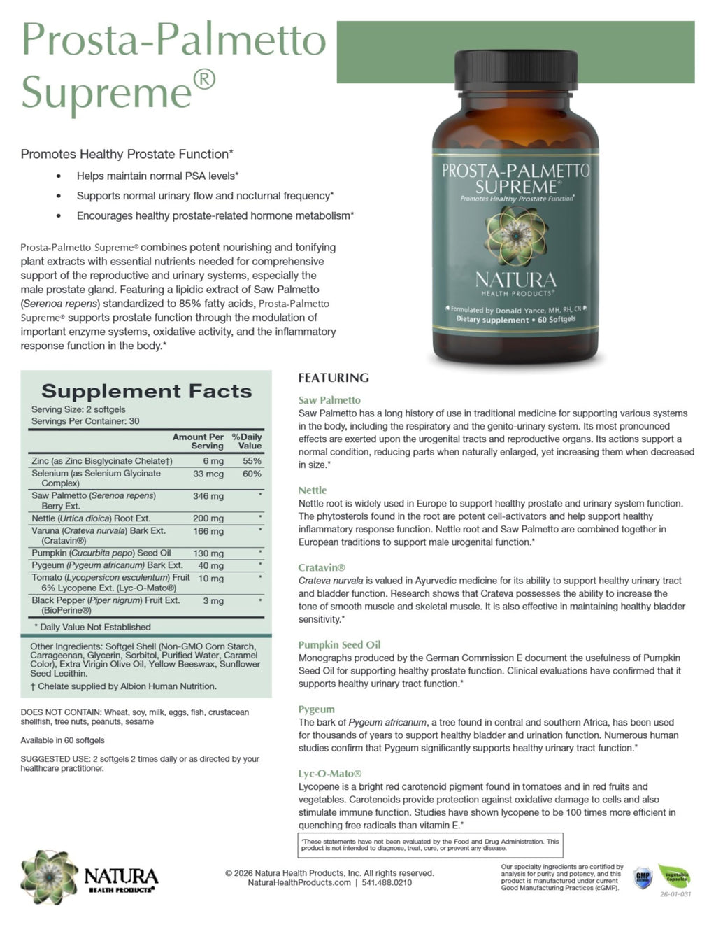 Natura Health Products Prosta-Palmetto Supreme Supplement - Supports Healthy Prostate Function and Normal Urinary Flow in Men- Featuring Saw Palmento, Nettle, Cratavin, Pumpkin Seed Oil (60 Softgels)