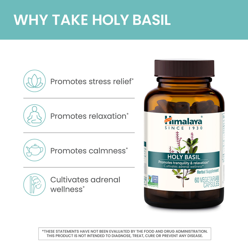Himalaya Holy Basil, 60 Day Supply - Herbal Adrenal Support for Stress Relief, Relaxation, Energy Support and Occasional Sleeplessness - Vegan, Non-GMO, Gluten Free, 720 mg, 60 Capsules, Pack of 2