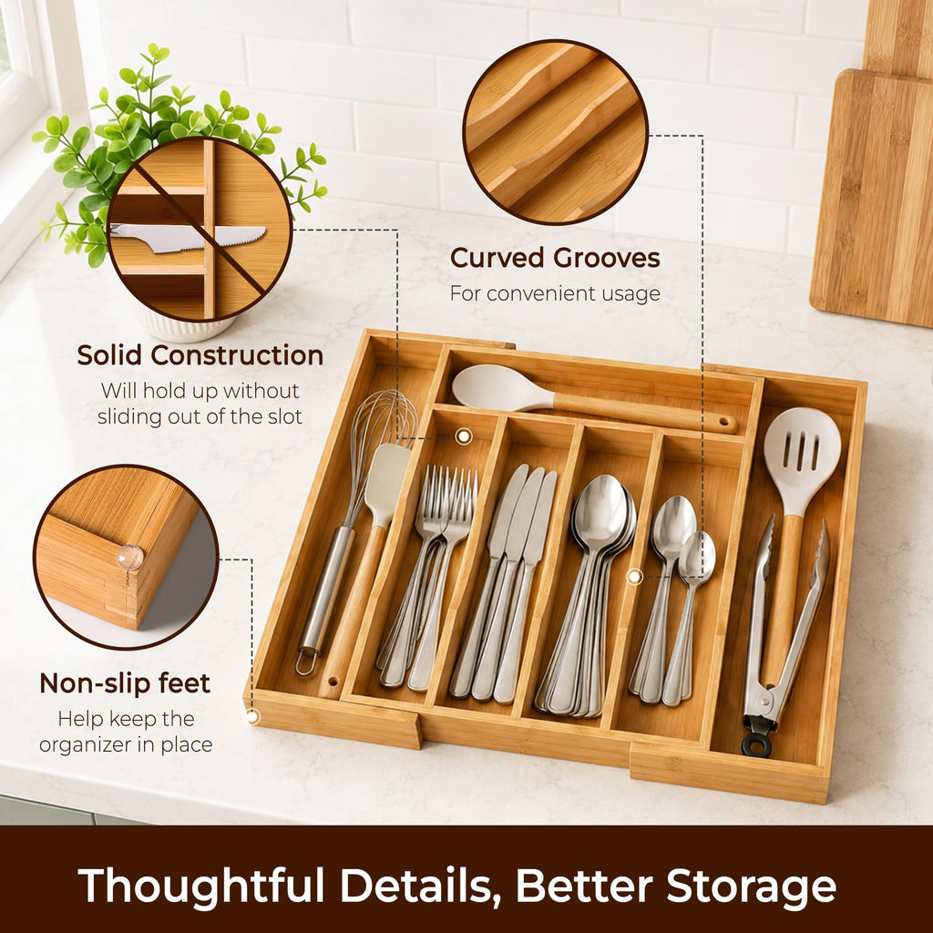 oridom Expandable Bamboo Kitchen Drawer Organizer for Cutlery and Utensils, Adjustable Bamboo Wood Cutlery Tray in Drawer for Flatware and Silverware in Kitchen, (Natural)