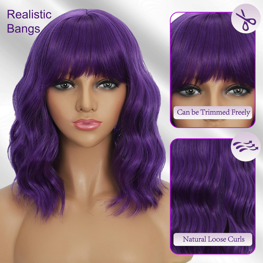 Mxayhnajxl Dark Purple Wigs with Bangs for Women 14 Inch Short Wavy Bob Wigs Synthetic Bob Wig Curly Wig Heat Resistant Colorful Wavy Wig Cosplay Wigs For Daily Party Halloween