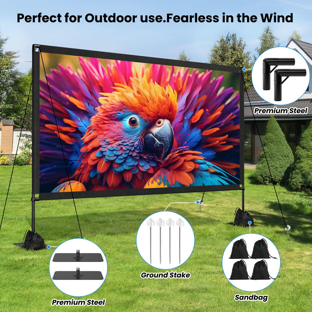 120inch Projector Screen with Stand: Portable Projector Screen Outdoor Indoor Front/Rear16:9 4K HD with Carry Bag Sandbag- Movie Screen for Backyard Moive Night, Camping, Theater