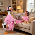 yuboo 23 Inch Pink Lady Porch Goose Outfits, Bathrobe Porch Goose Statue Costume with Cute Curlers and Coffee Cup, Funny Summer Lawn Yard Garden Patio Decor, Cute Goose Clothes Cement