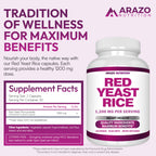 Arazo Nutrition Red Yeast Rice Extract 1200 MG Per Serving – Citrinin Free Supplement – Vegetarian 120 Capsules