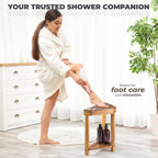 BLUEWEST 16.4" Shower Foot Rest, Corner Shower Stool, Wooden Shower Foot Stool for Shaving Legs Inside Shower, Waterproof Shower Foot Rest with Storage Shelf for Small Shower Space, Shower Seats