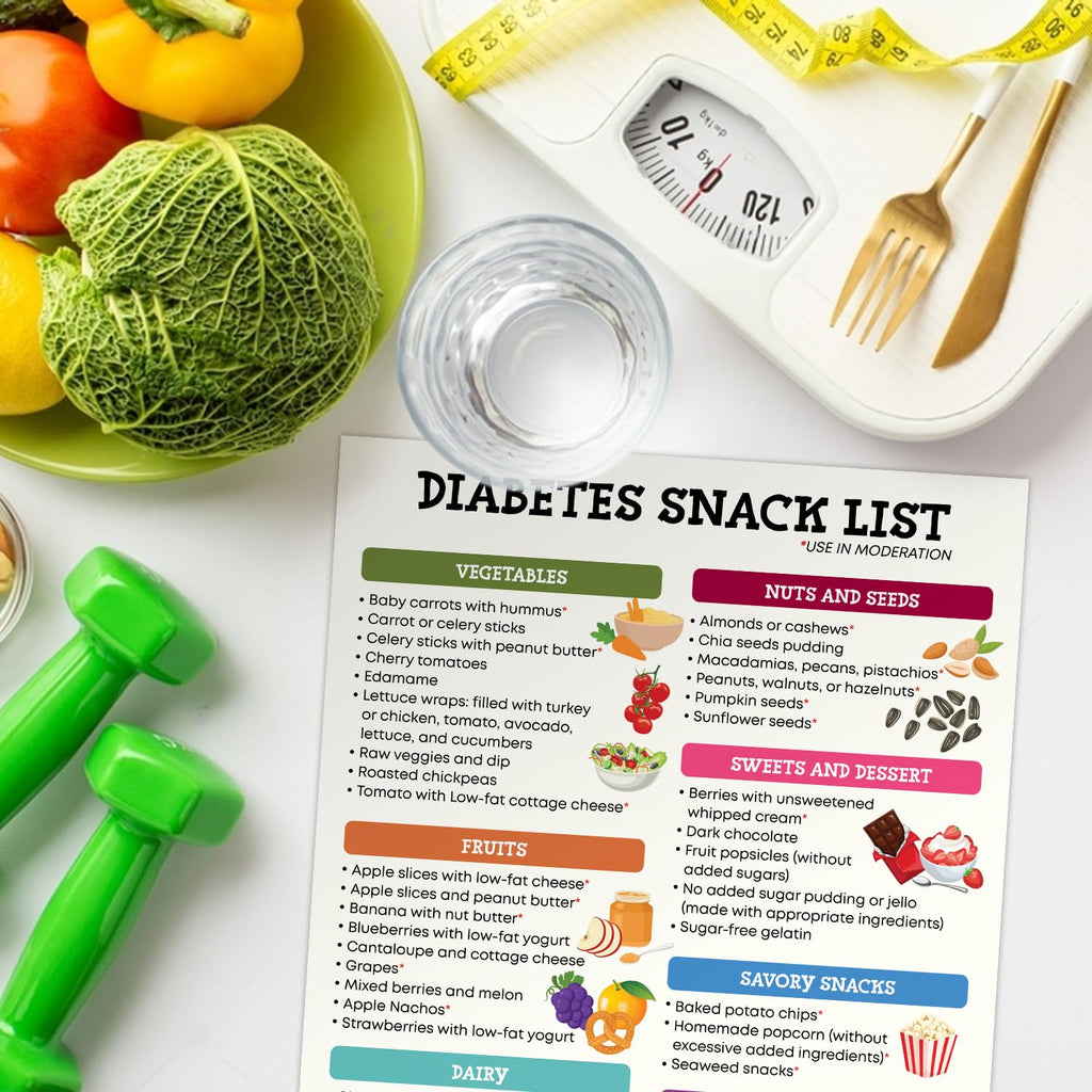 Diabetes Snack List Poster - 12x18 Inches Unframed, Diabetes Food Chart & Guide, Kitchen Wall Art Decor, Grocery List, Nutrition, Healthy