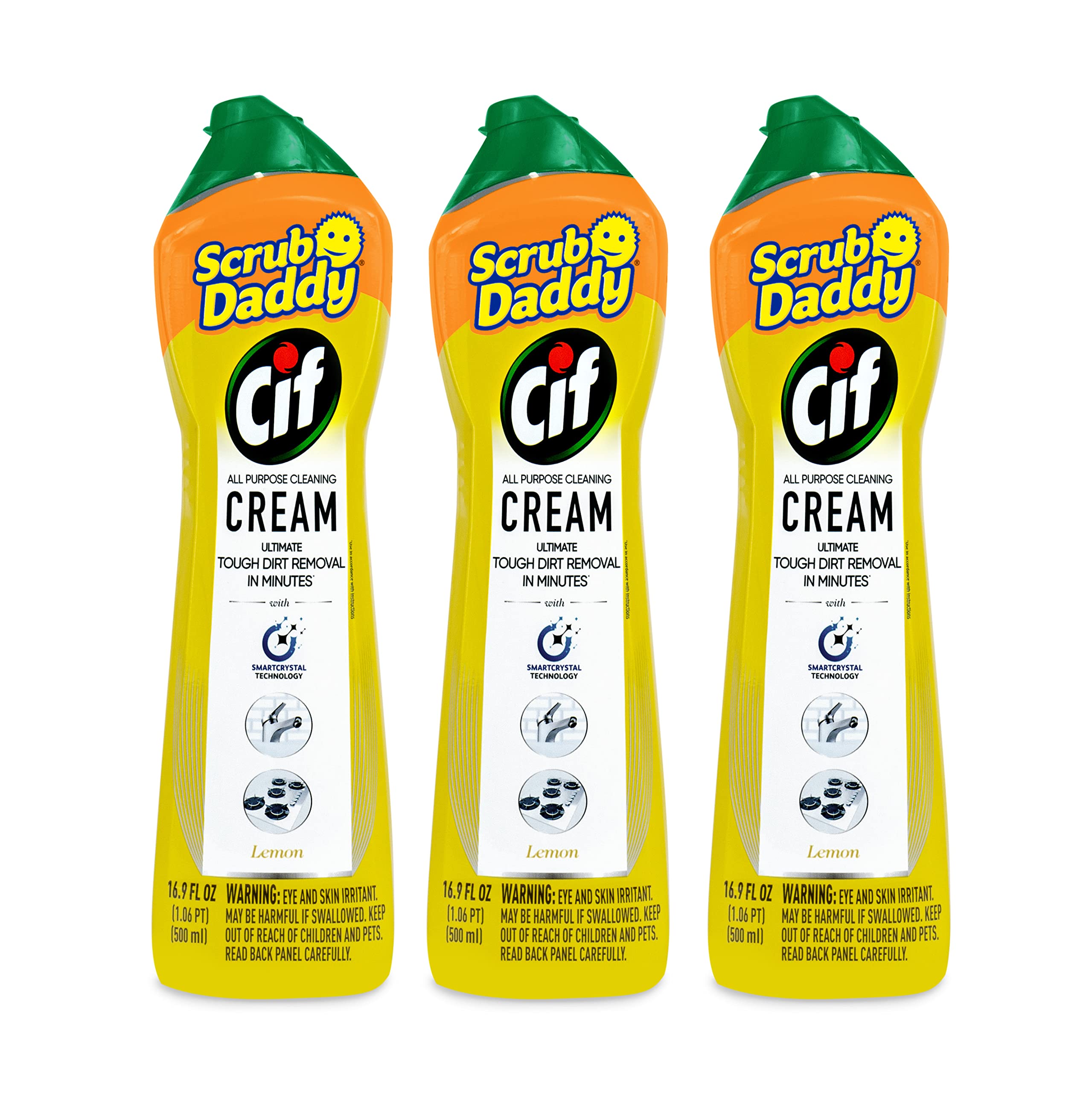 Scrub Daddy Cif Cream All Purpose Cleaner, Lemon - Multi Surface Household Cleaning Cream for Glass, Chrome, Granite, Sink, Gold, Marble & Countertops - 3 Pack (16.9 Oz Each)