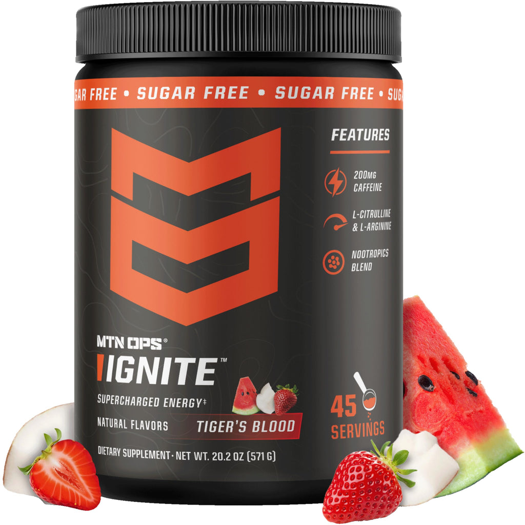 MTN OPS Ignite Sugar Free Energy Drink Powder with 200mg Caffeine, Nootropic Blend for Energy, Focus & Endurance, L Arginine & L Citrulline Pre Workout, 45 Servings, Tiger's Blood