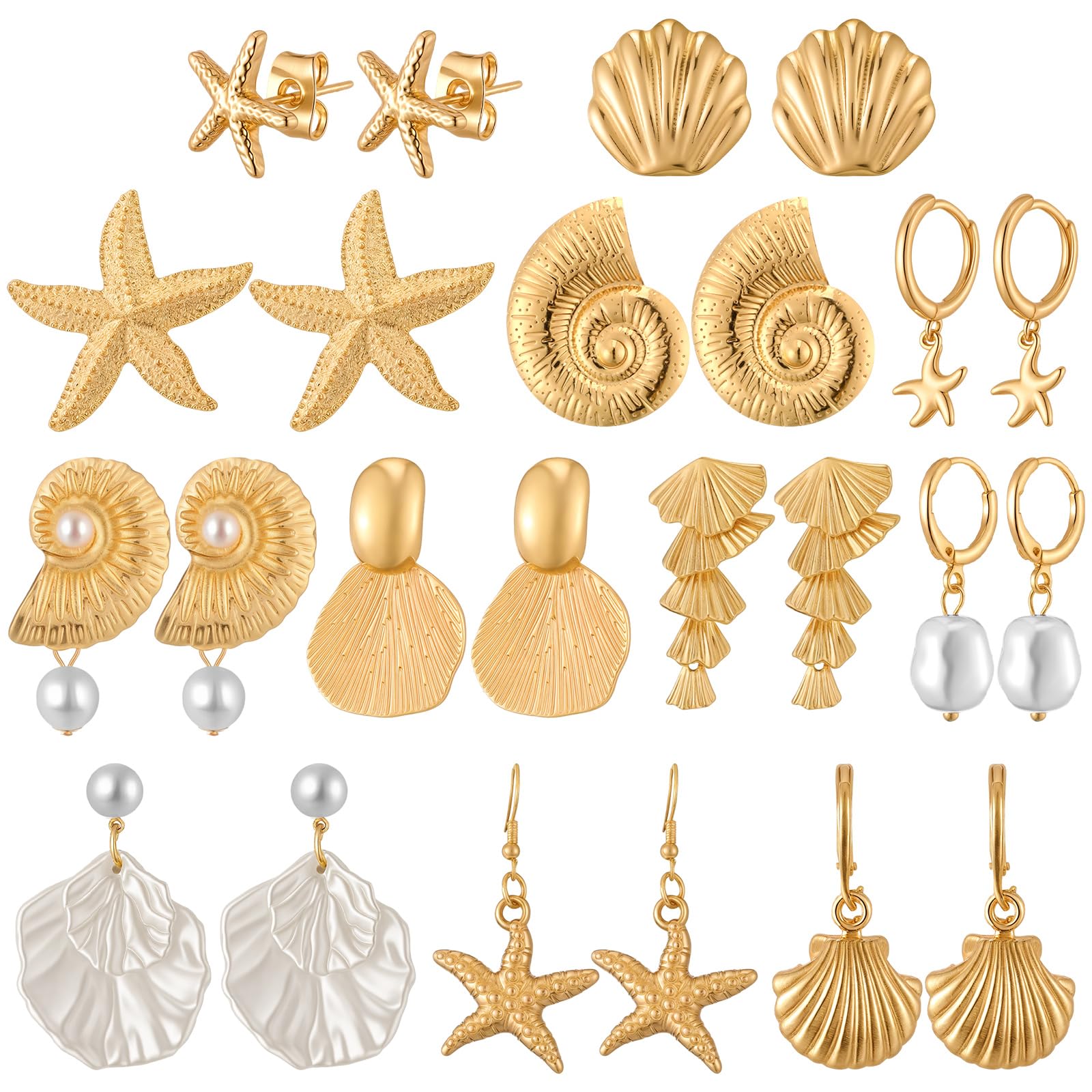 Tondiamo 12 Pairs Seashell Conch Starfish Stud Earrings Gold Ocean Themed Drop Dangle Earrings for Women Nautical Beach Jewelry Gifts