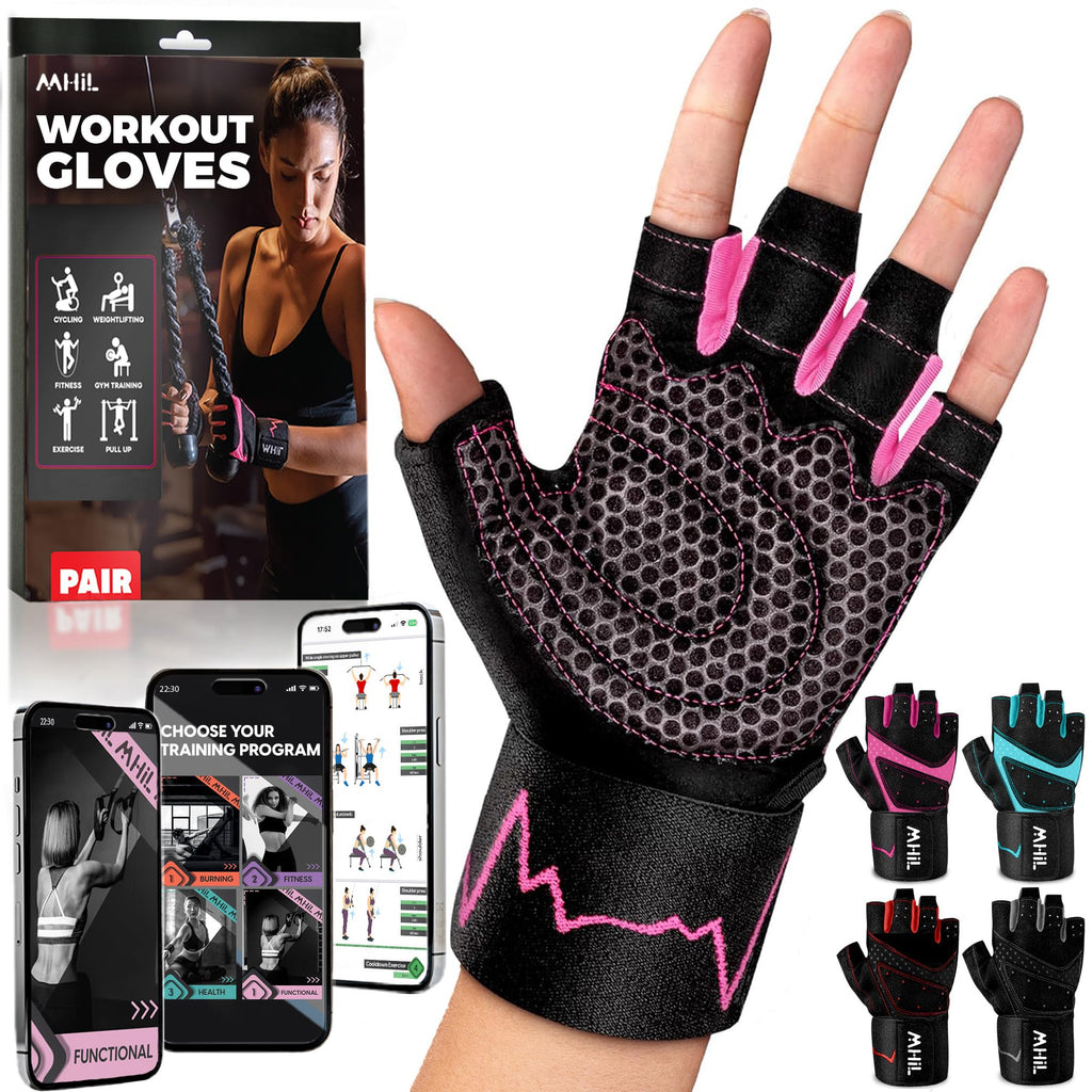 MhIL Workout Gloves for Women ��� Breathable Gym Gloves for Women with Palm Protection and Enhanced Grip ��� Padded Weight Lifting Glove for Womens with Wrist Wraps Support Weightlifting Exercise Cycling