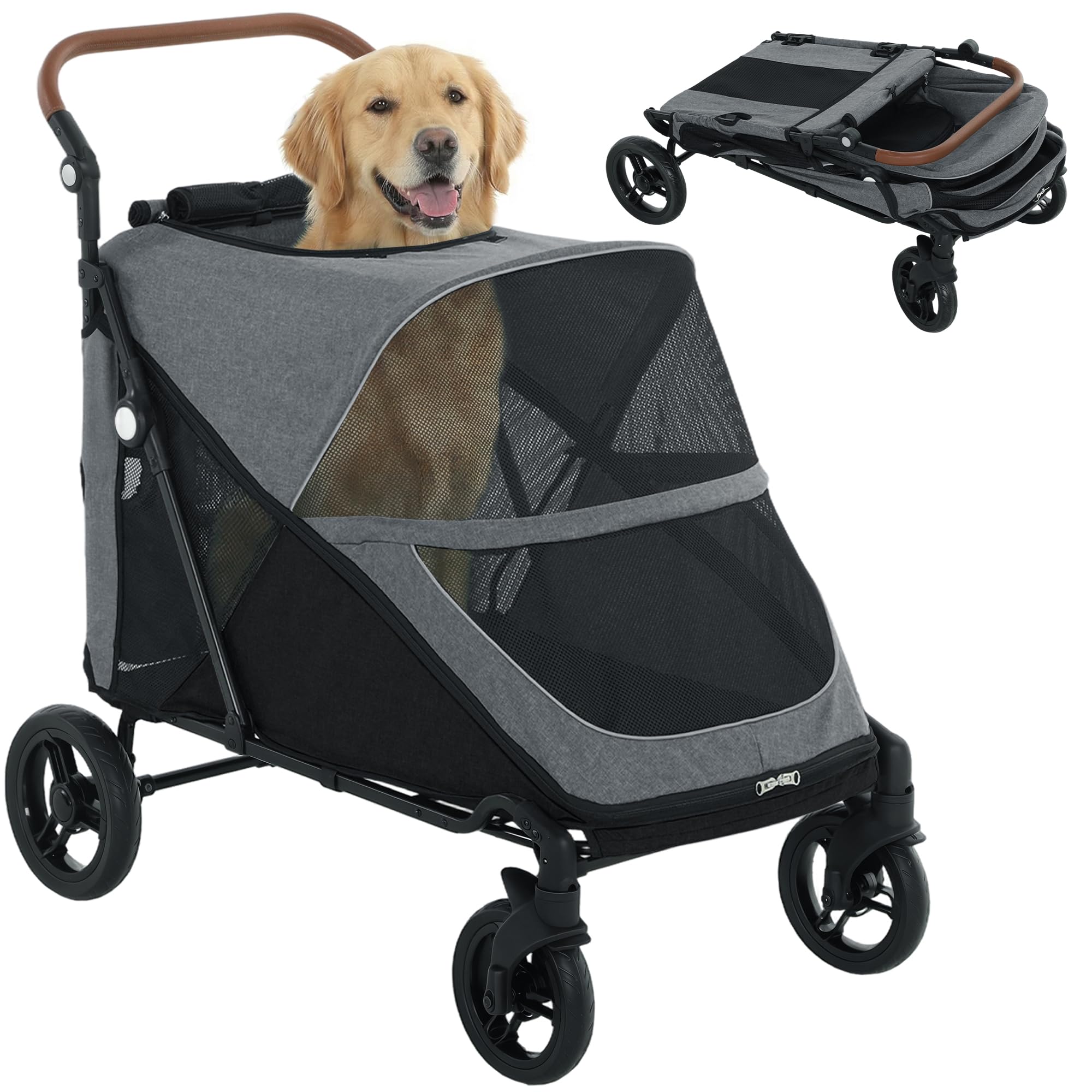 PawHut Dog Stroller for Large Dogs, One-Click Folding 4 Wheel Large Pet Stroller Wagon for Multiple Pets, All Terrain Spring Suspension w/ 8-Position Adjustable Handle, Mesh Window, Up to 66 LBS, Gray