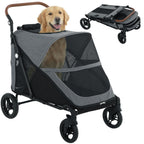 PawHut Dog Stroller for Large Dogs, One-Click Folding 4 Wheel Large Pet Stroller Wagon for Multiple Pets, All Terrain Spring Suspension w/ 8-Position Adjustable Handle, Mesh Window, Up to 66 LBS, Gray