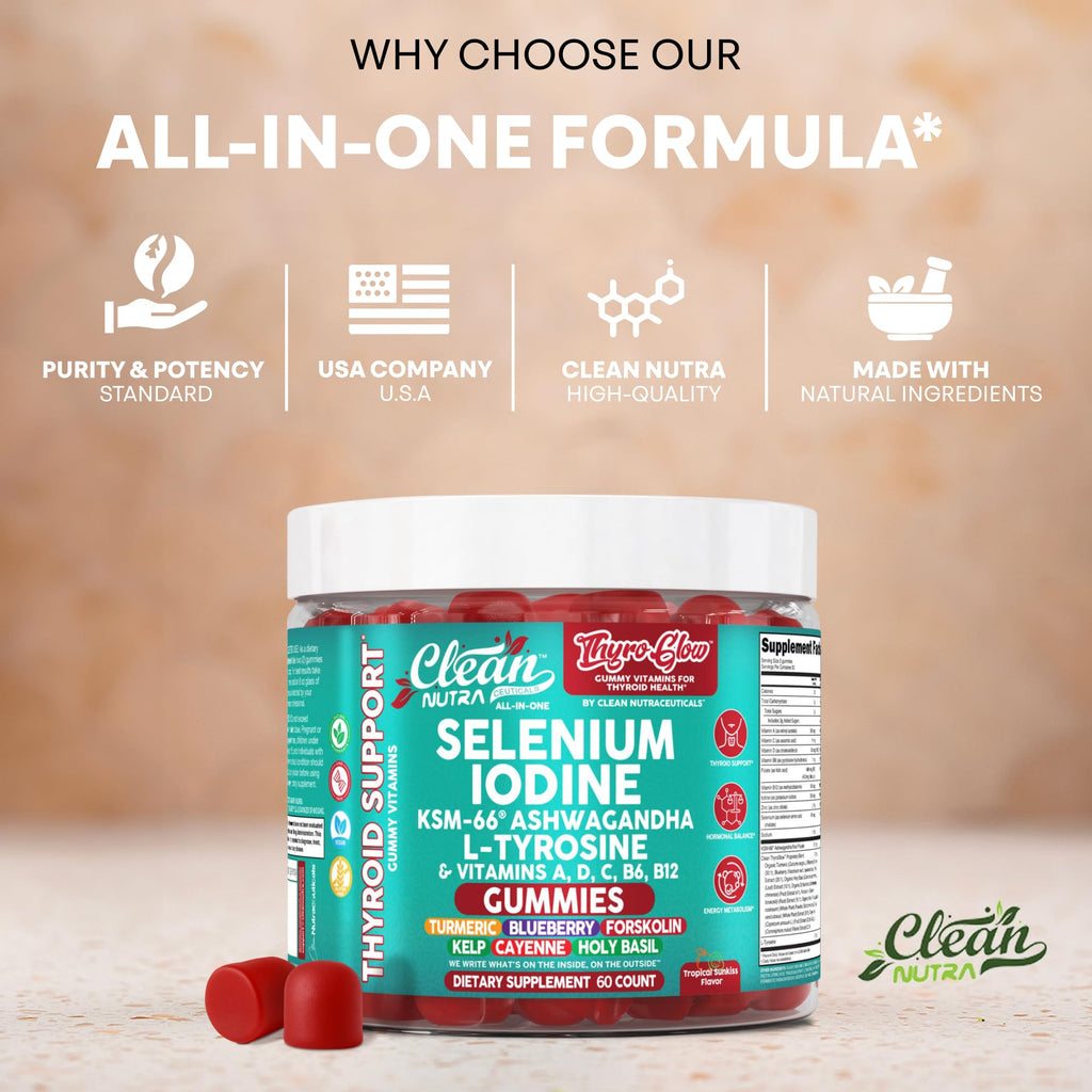 ThyroGlow Thyroid Support Gummies Selenium Iodine KSM 66 Ashwagandha L Tyrosine Vitamin D, C, B12, B6 Turmeric Blueberry Holy Basil Folate Bladderwrack by Clean Nutra