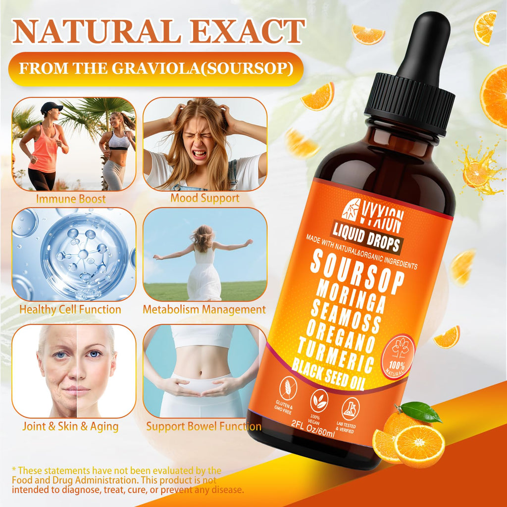 Soursop Bitters Liquid Drops 10 in 1 with Sea Moss, Moringa, Turmeric, Black Seed Oil, Oregano, Ashwagandha | Herbal Extracts for Overall Health-Enhancing | Vegan, Non-GMO | 2 Fl Oz (Orange Flavor)