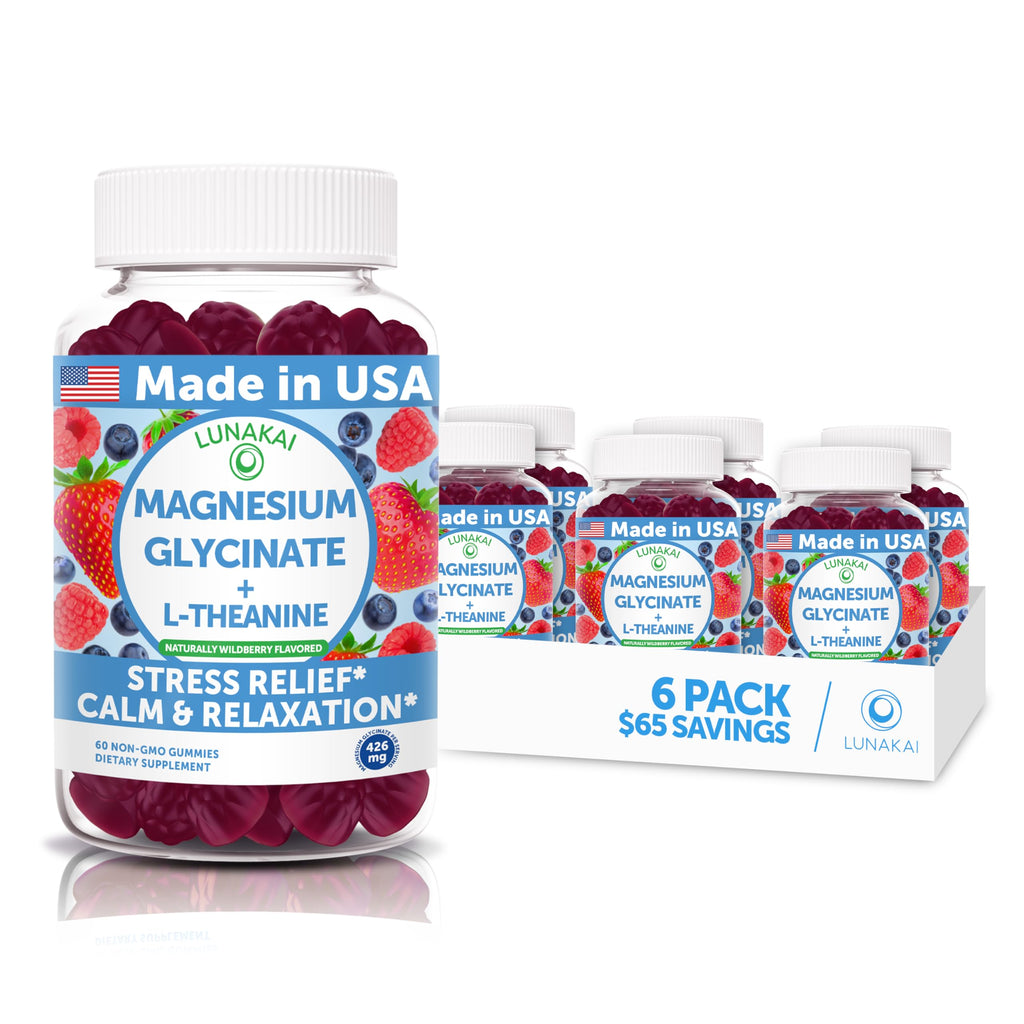 Lunakai USA Made Magnesium Glycinate Gummies 426mg with L-Theanine – Calm, Sleep, Stress Relief for Adults & Kids, Non-GMO, Vegan - 6 Pack