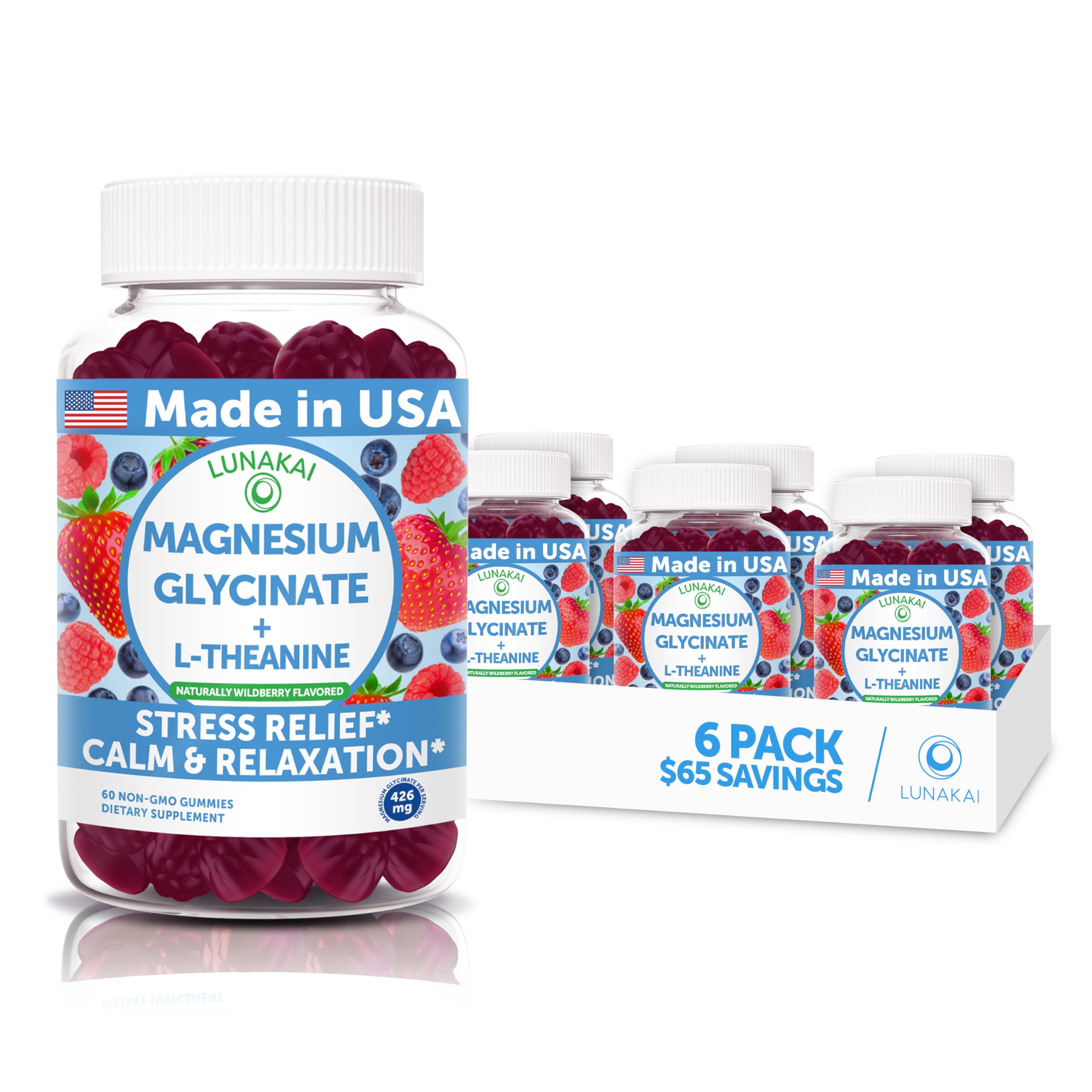 Lunakai USA Made Magnesium Glycinate Gummies 426mg with L-Theanine – Calm, Sleep, Stress Relief for Adults & Kids, Non-GMO, Vegan - 6 Pack