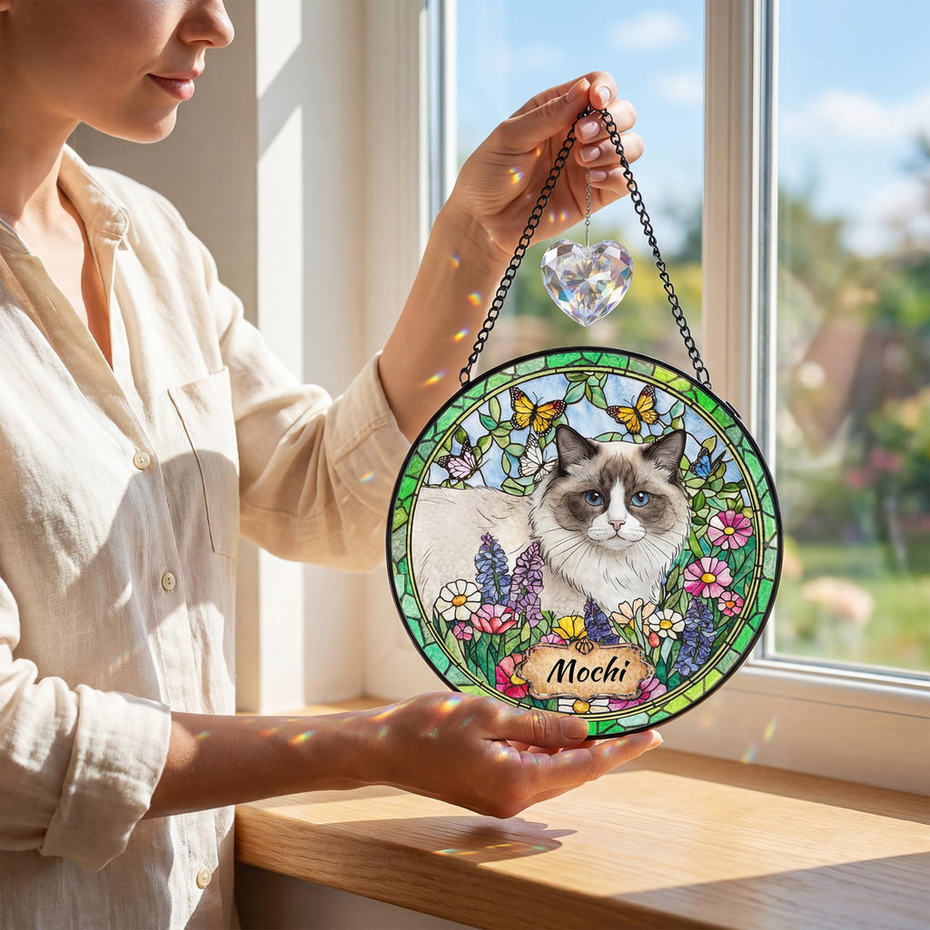 Personalized Pet Stained Glass Suncatcher Dog Cat Memorial Window Hanging